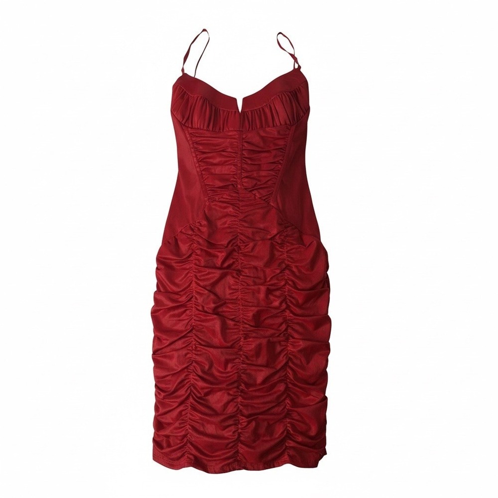 Bebe Red Ruched Satin Bodycon Dress Sweetheart Neckline Gold Zip Back Medium